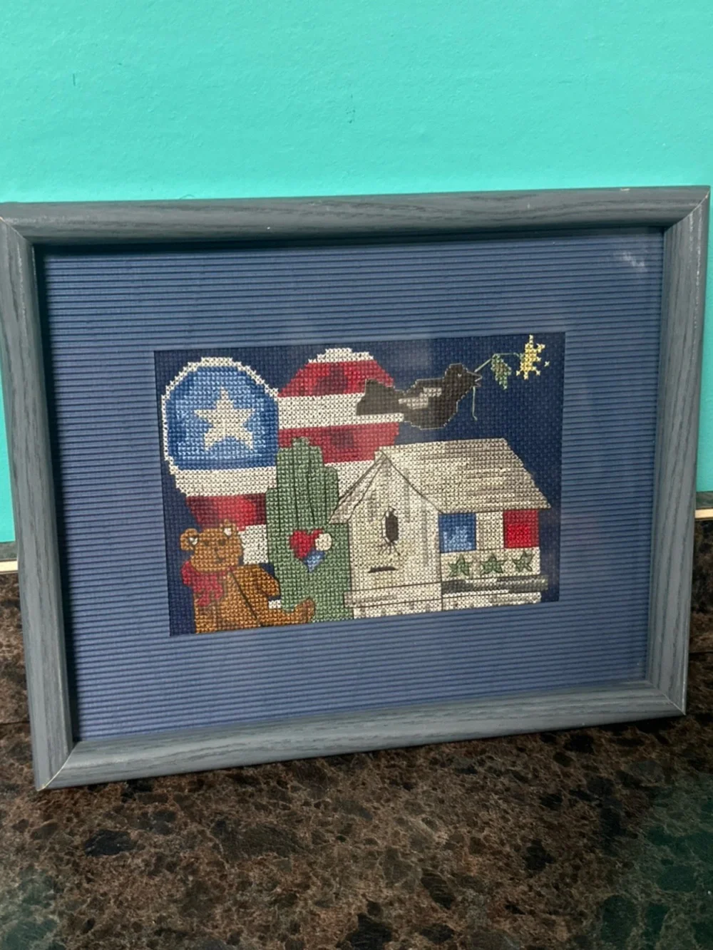 Framed Patriotic Cross-Stitch Artwork in Blue Frame 9x11